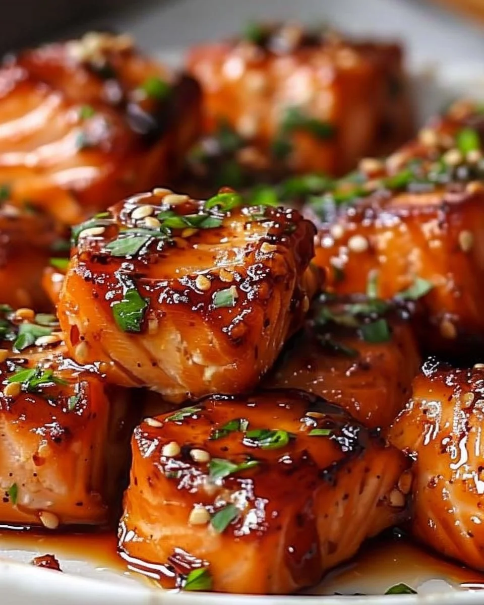 Air fryer honey garlic salmon bites served on a plate with garnishes.