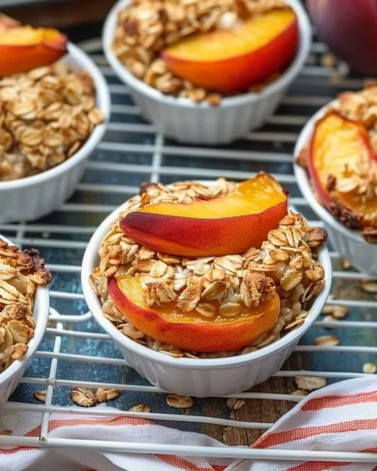 Baked peach oatmeal cups topped with fresh peach slices and oats