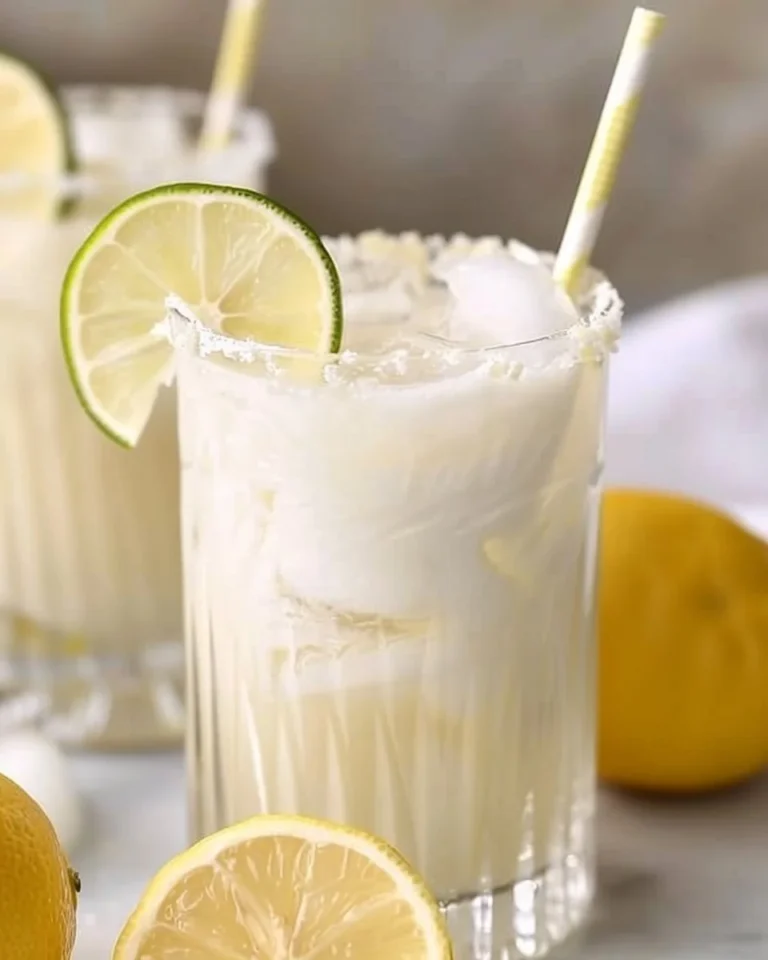 A glass of Brazilian lemonade with creamy coconut milk garnished with fresh mint