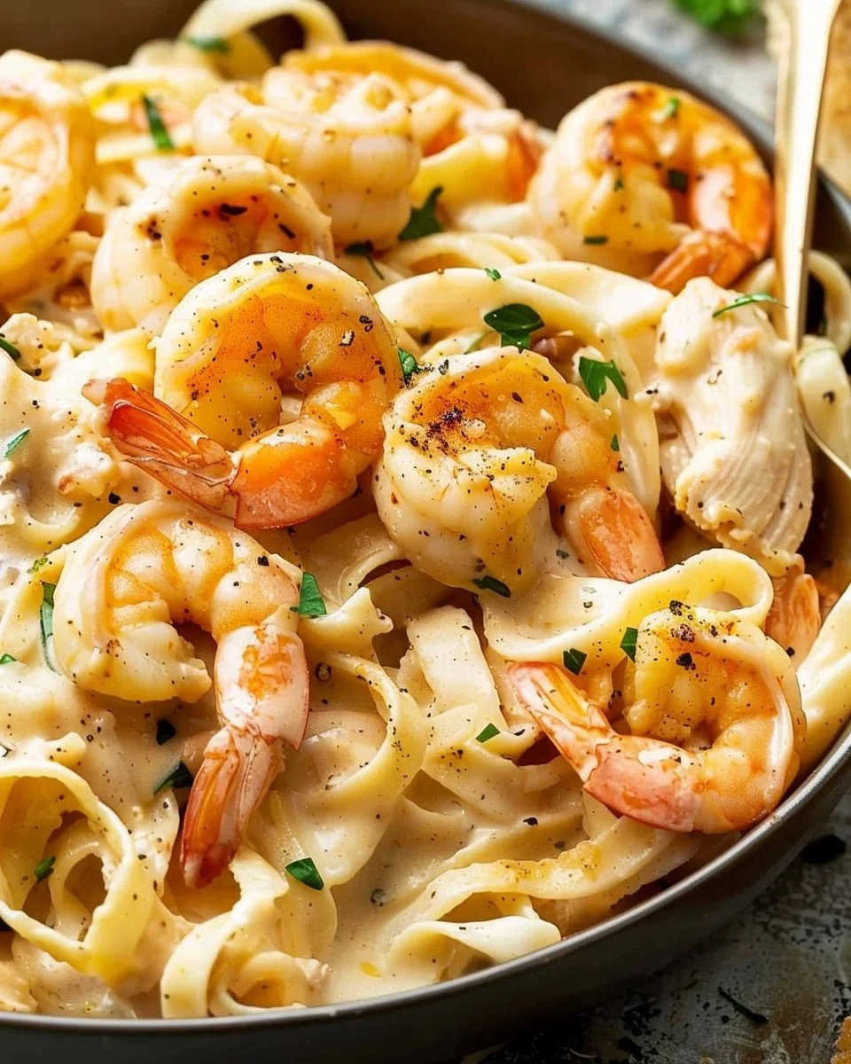 A flavorful bowl of Cajun Chicken Alfredo with shrimp and herbs