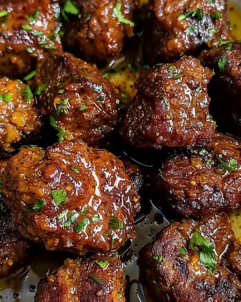 Cajun garlic butter steak bites served on a plate with herbs