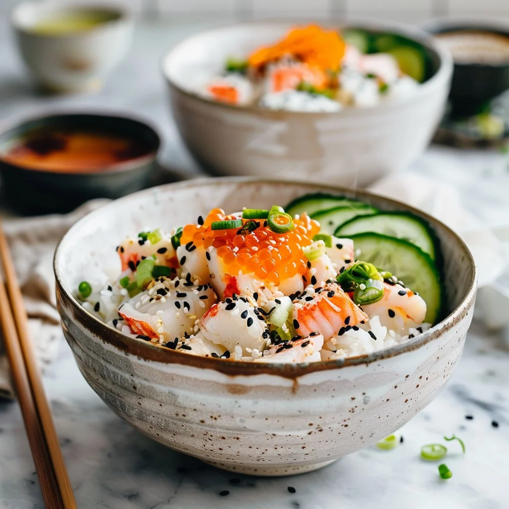 California Roll sushi bowl topped with avocado, crab, and cucumbers