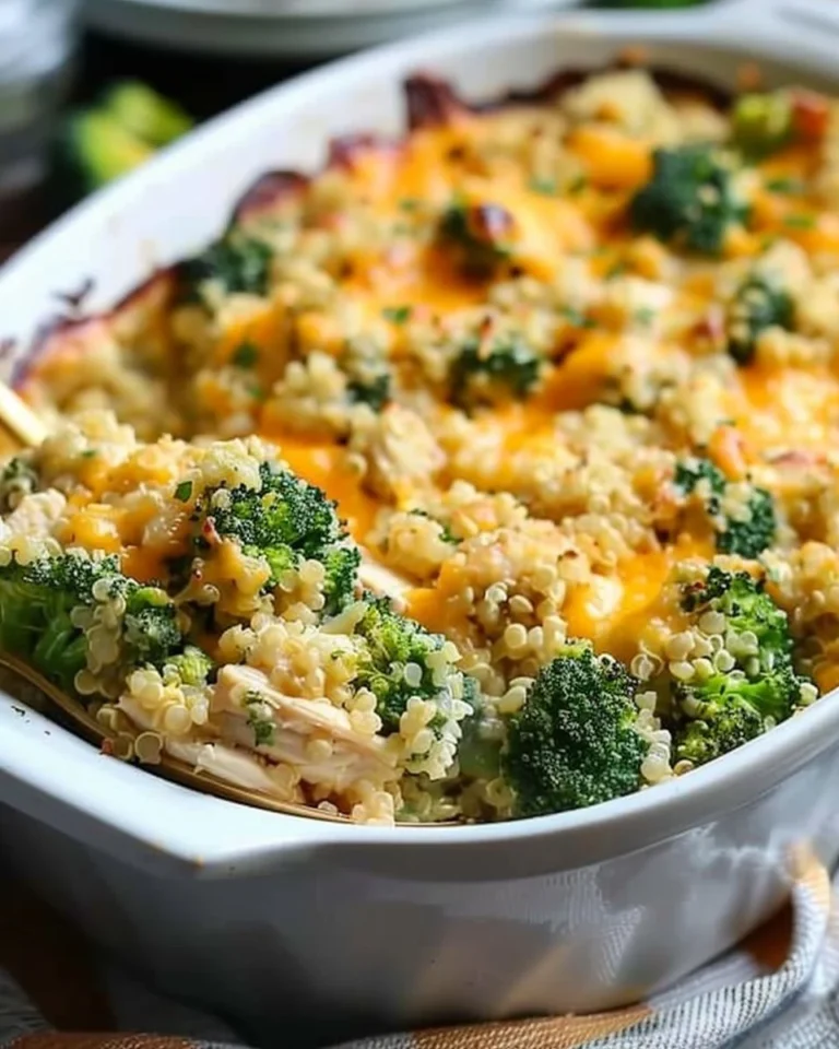 Cheesy chicken and broccoli quinoa bake in a vibrant casserole dish