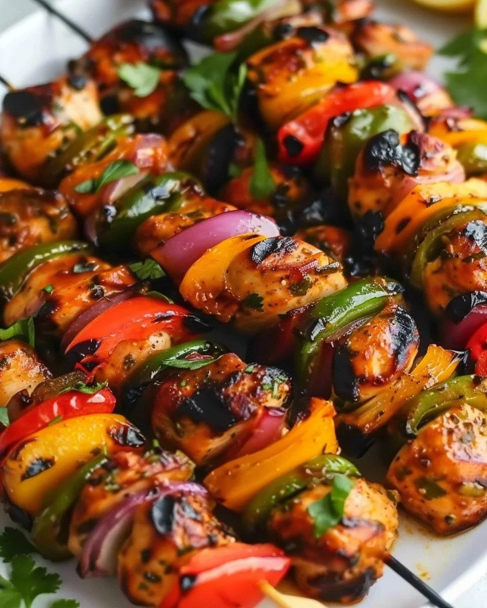 Delicious grilled Chicken Kabobs served with colorful vegetables