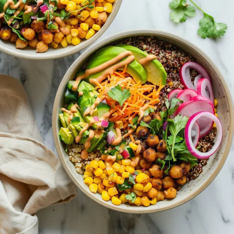 Chickpea quinoa bowls with BBQ ranch dressing served in a bowl.