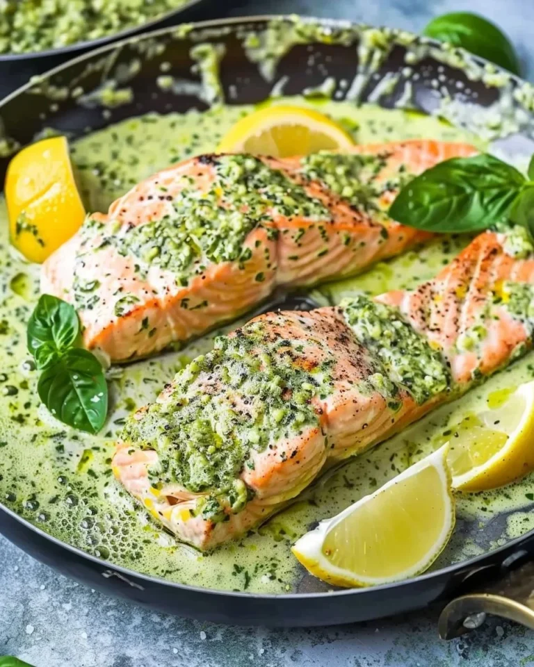 Creamy Pesto Salmon dish garnished with fresh herbs