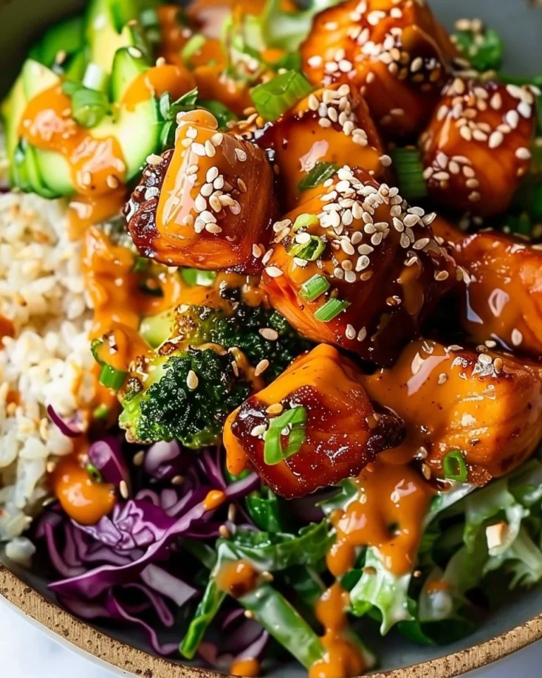 Crispy Bang Bang Salmon bowls topped with fresh vegetables and sauces.