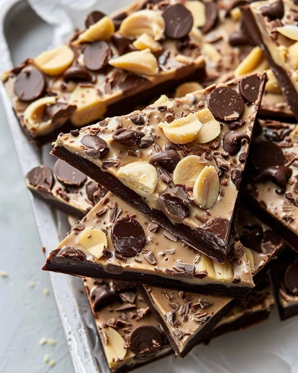 Frozen Greek yogurt bark topped with peanut butter and chocolate drizzle
