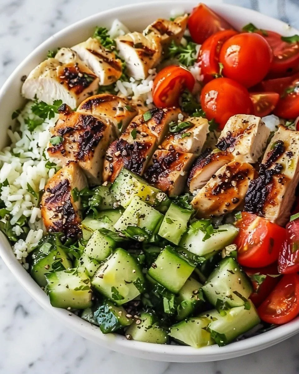 Delicious Greek Chicken Bowls topped with fresh vegetables and feta cheese.