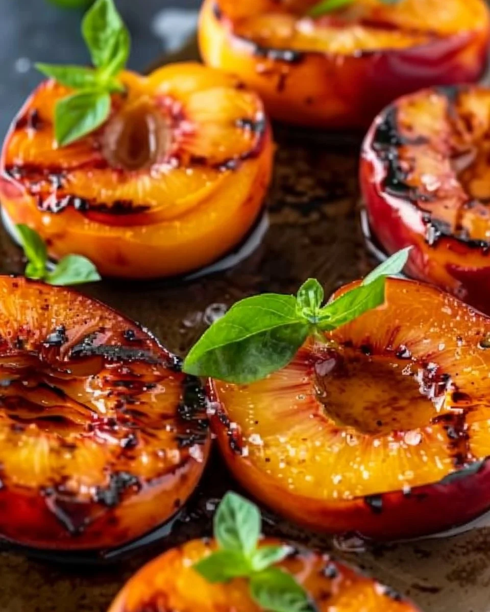Delicious grilled peaches served on a plate with a caramel glaze and fresh mint leaves.
