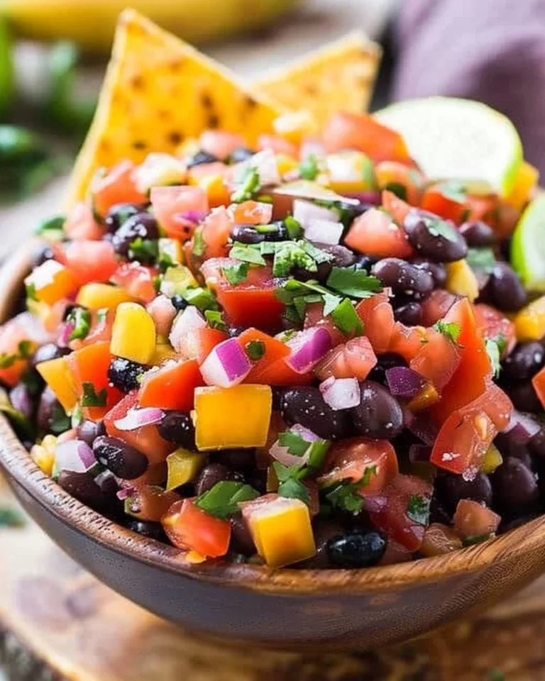 Bowl of healthy black bean salsa with fresh vegetables and herbs