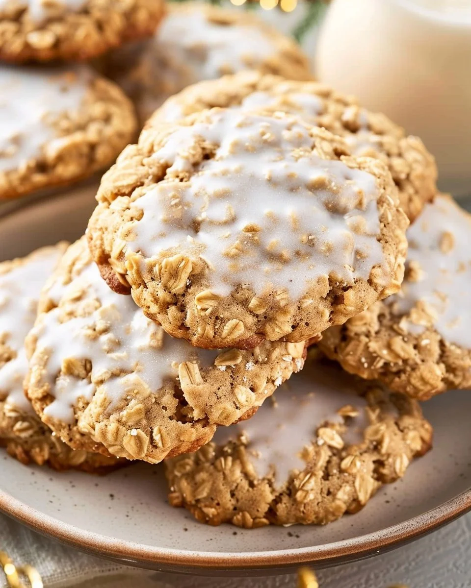 Delicious iced oatmeal cookies decorated with sweet icing on a plate
