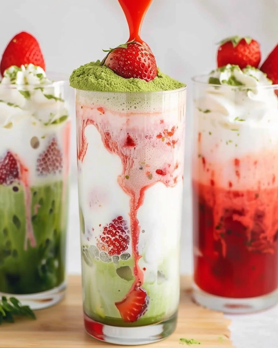 Iced Strawberry Matcha Latte in a glass with fresh strawberries and matcha powder.