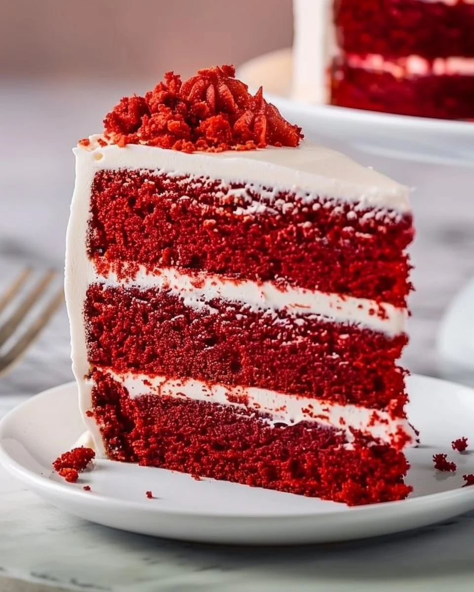 Layered red velvet cake sliced to reveal moist, fluffy layers and vibrant color