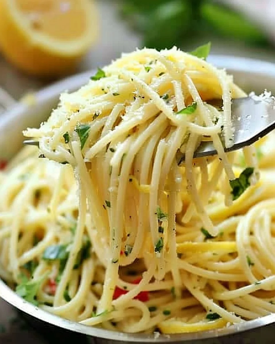 Delicious Lemon Basil Spaghetti garnished with fresh basil and lemon slices