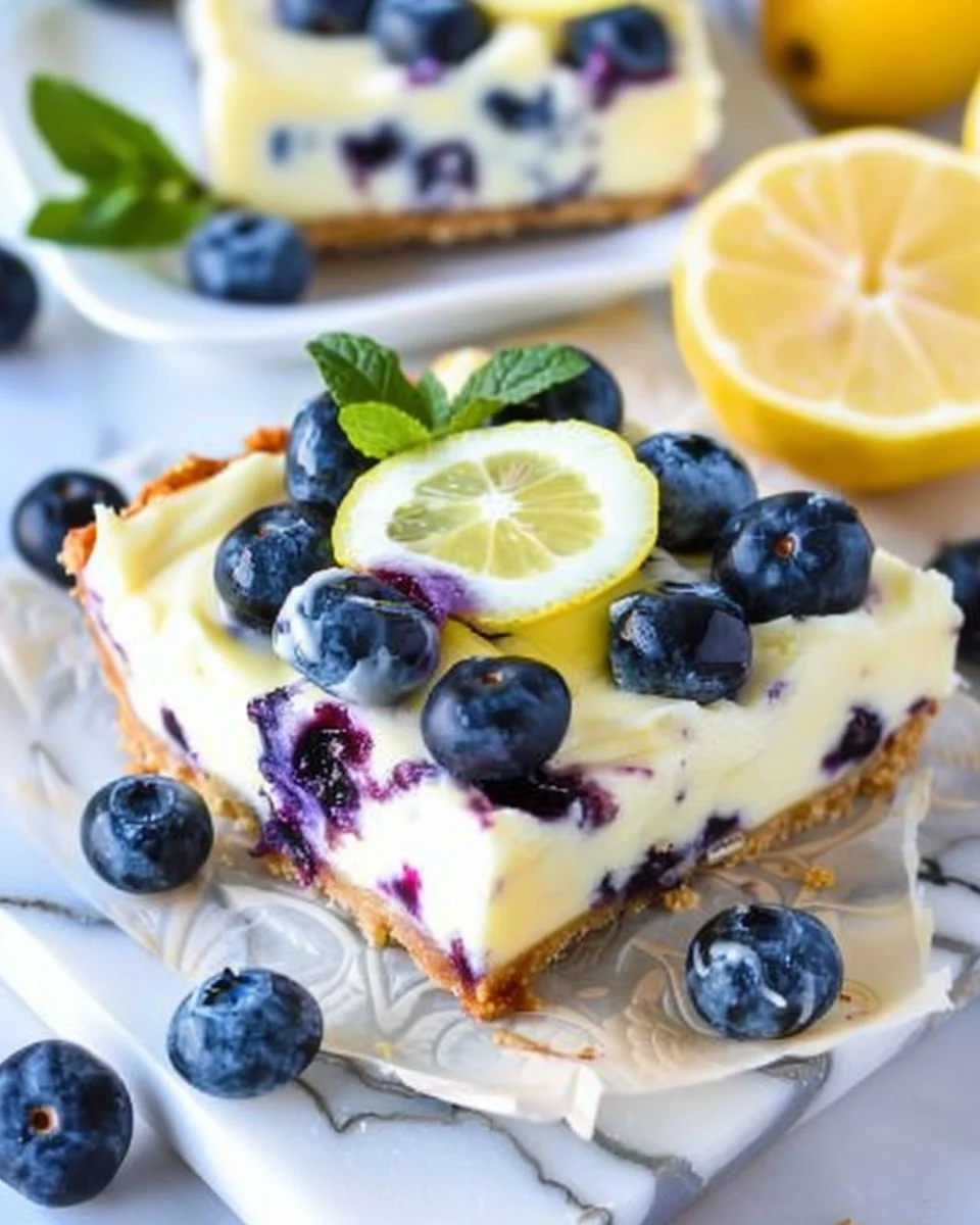Lemon Blueberry Cheesecake Bars with fresh blueberries and lemon zest.