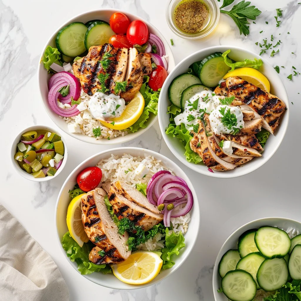 Delicious Lemon Herb Greek Chicken Bowl topped with fresh ingredients and herbs.