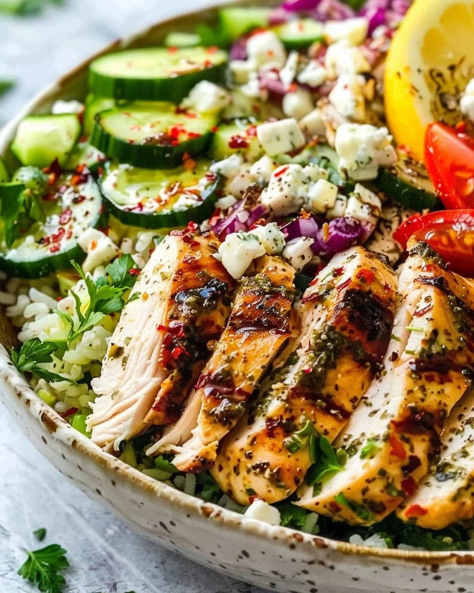 Lemon Herb Greek Chicken Bowls topped with fresh vegetables and herbs