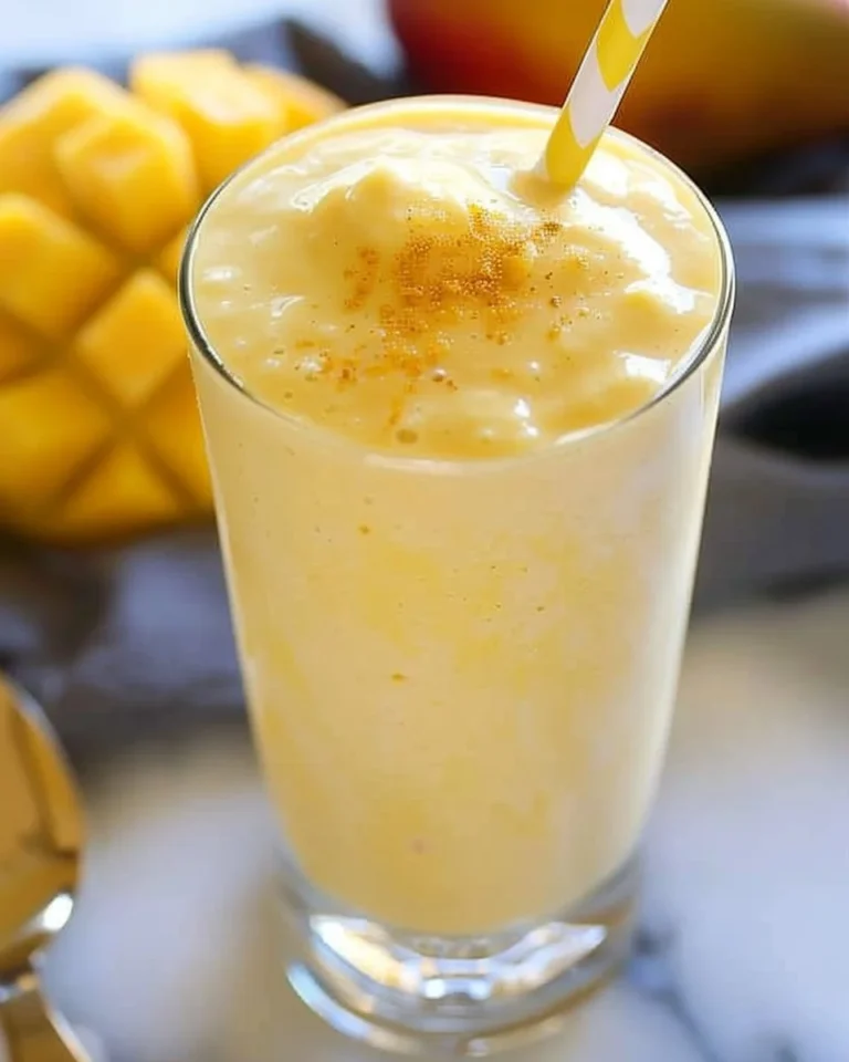 Creamy Mango Smoothie in a glass with fresh mango slices and mint leaves