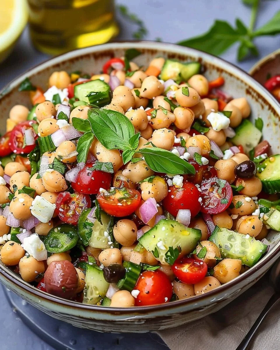 A vibrant Mediterranean Chickpea Salad with fresh vegetables and herbs.