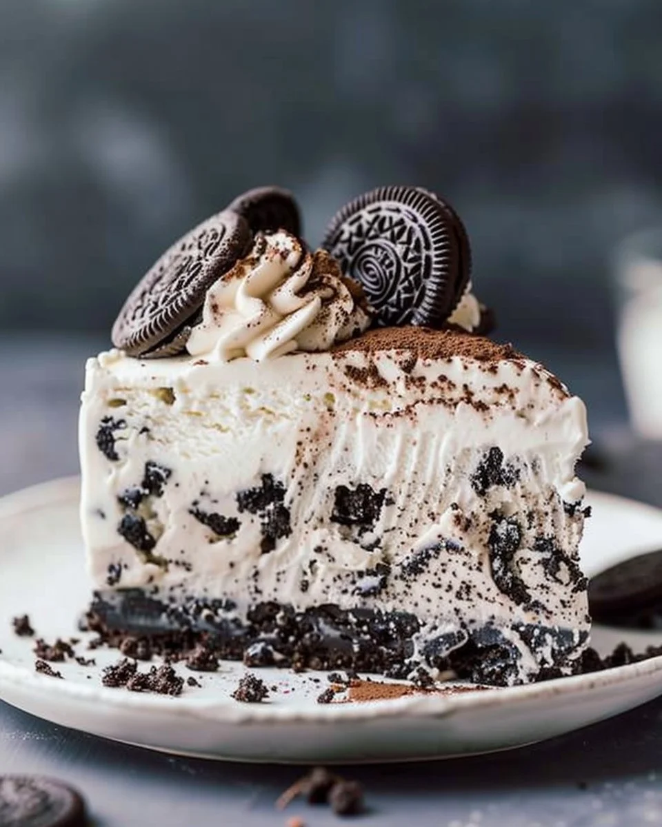 Delicious homemade Oreo Ice Cream Cake with crumbs and chocolate