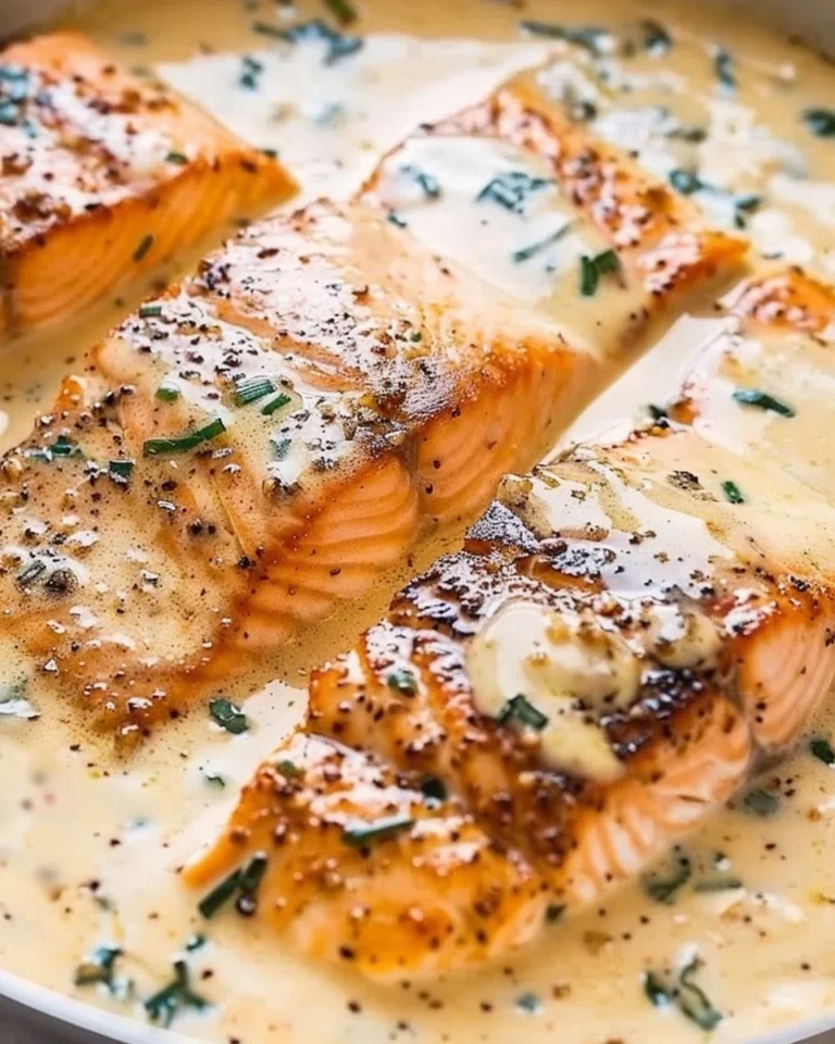 Pan-seared salmon topped with creamy Parmesan sauce on a plate