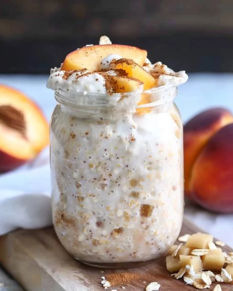 Peaches and Cream Overnight Oats in a bowl topped with fresh peach slices