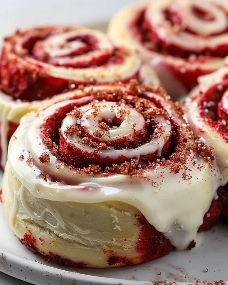 Freshly baked red velvet cinnamon rolls with cream cheese frosting on a festive plate