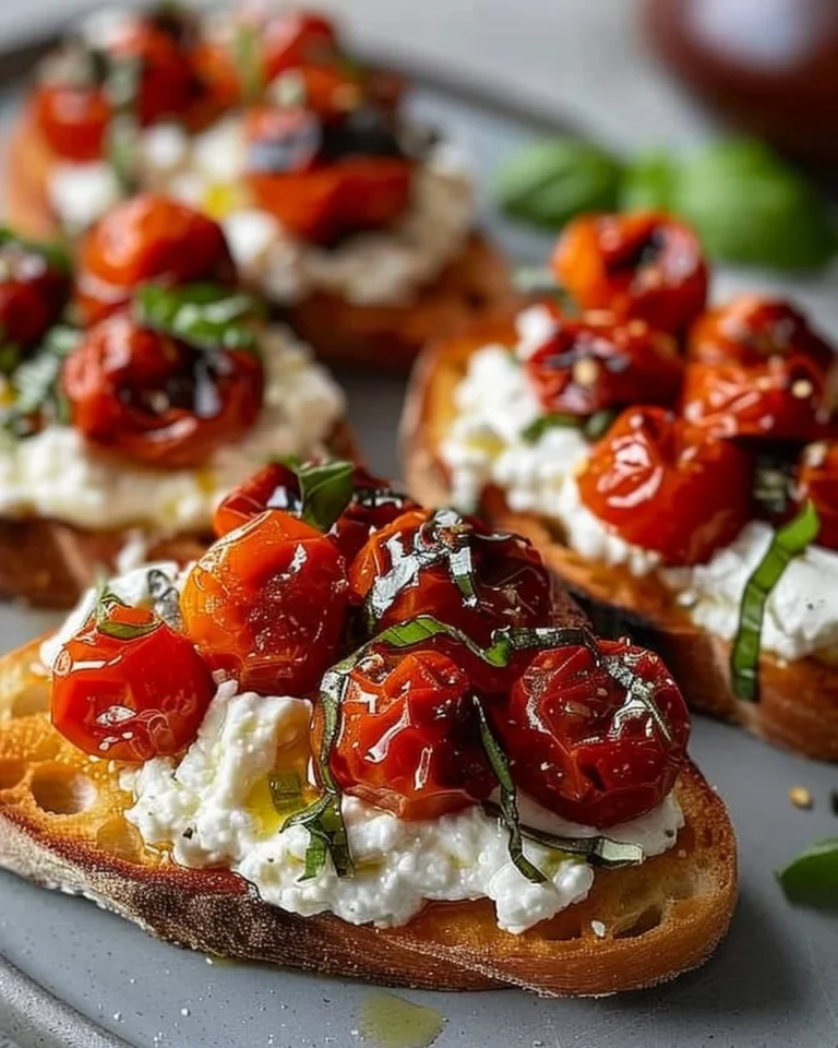 Ricotta bruschetta topped with roasted tomatoes on a toasted slice of bread