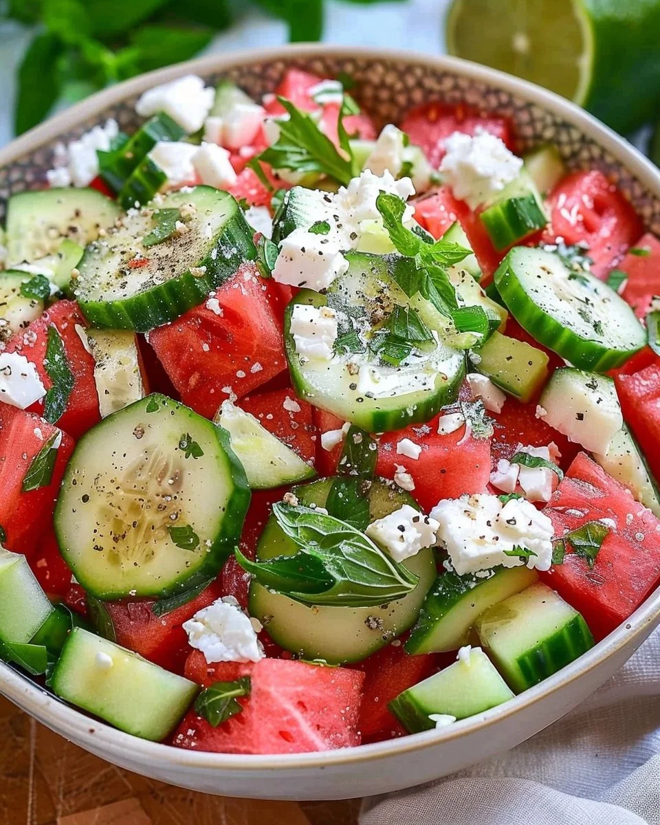 Delicious watermelon cucumber feta salad served in a bowl with fresh herbs