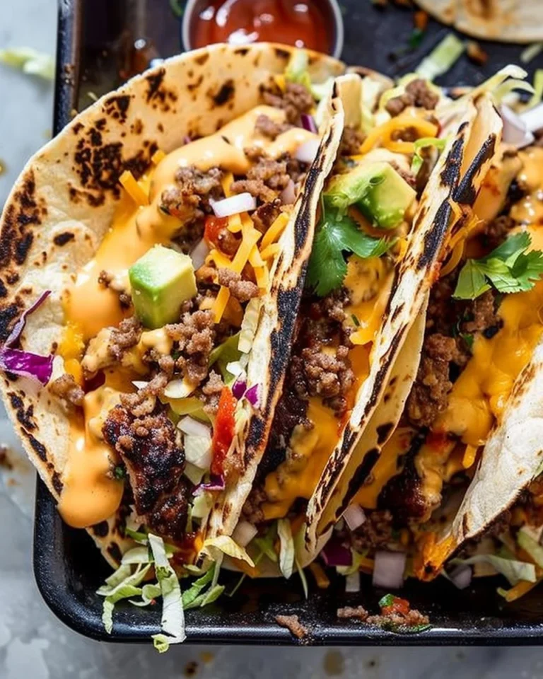 Delicious smashed cheeseburger tacos served on a plate with toppings.