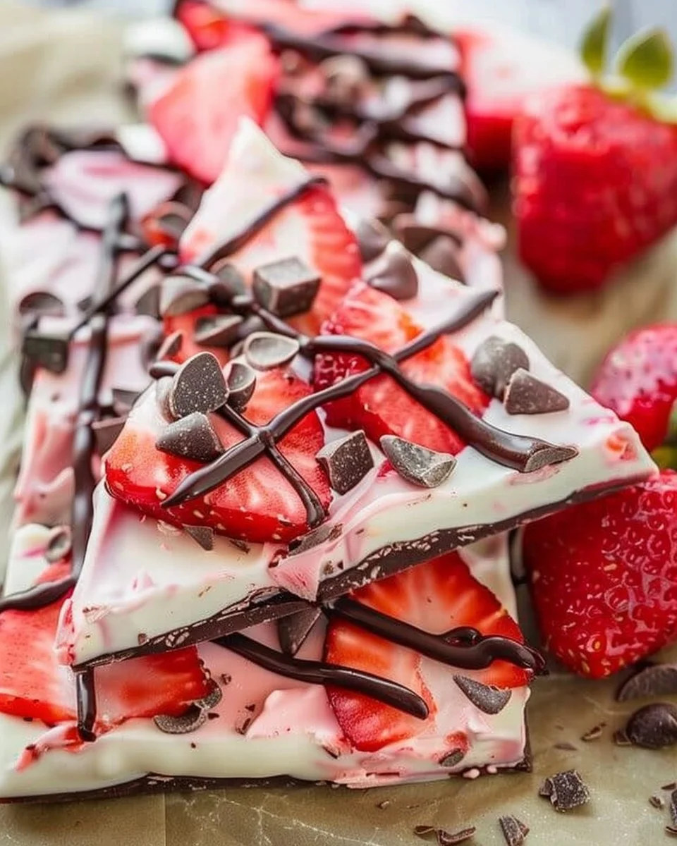 Strawberry yogurt bark topped with dark chocolate pieces on a marble surface.