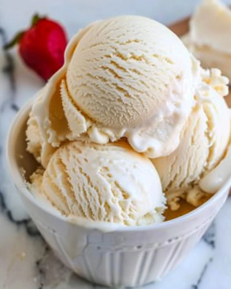 Easy homemade ice cream in a bowl with a scoop on top and strawberries