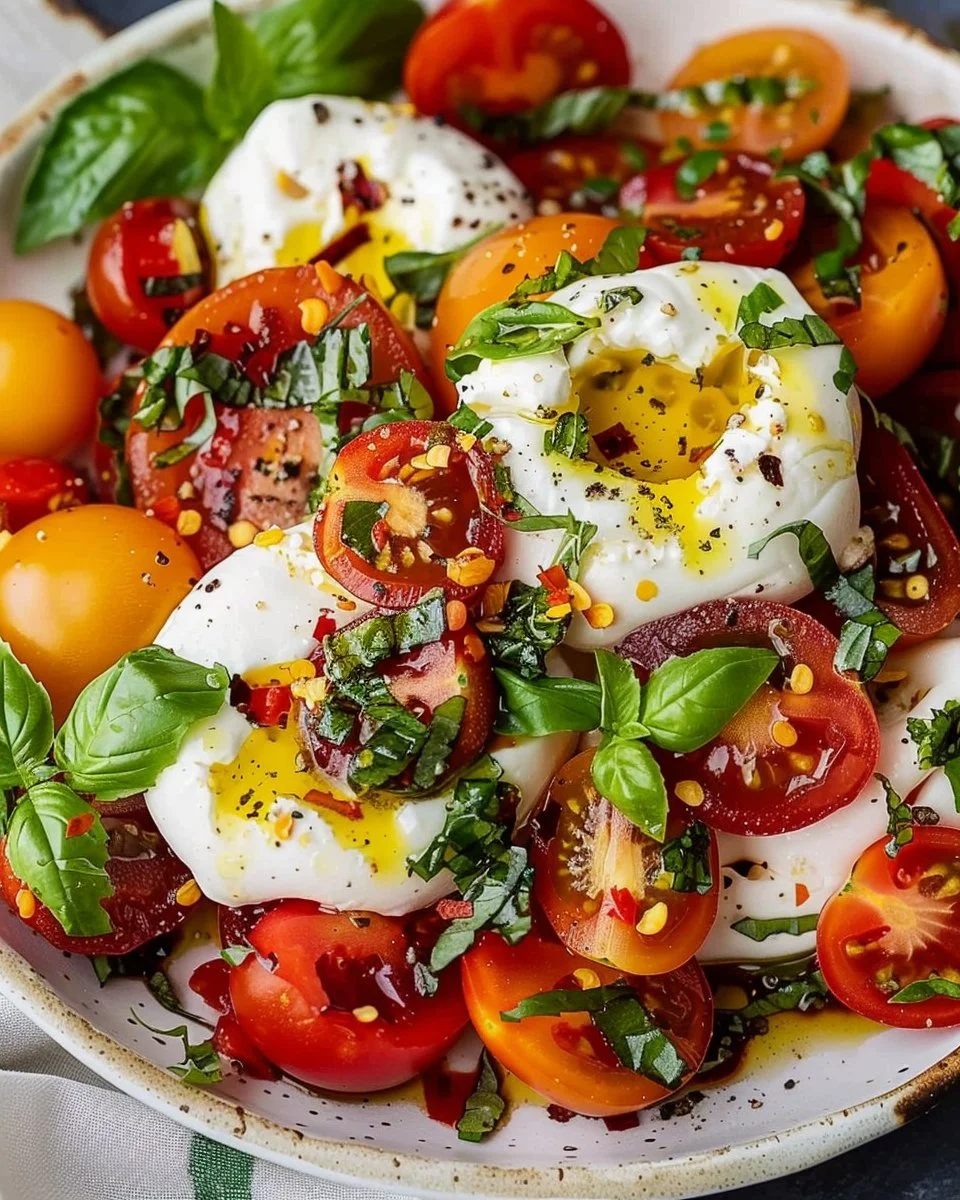 Fresh Tomato Burrata Salad with vibrant ingredients and olive oil dressing