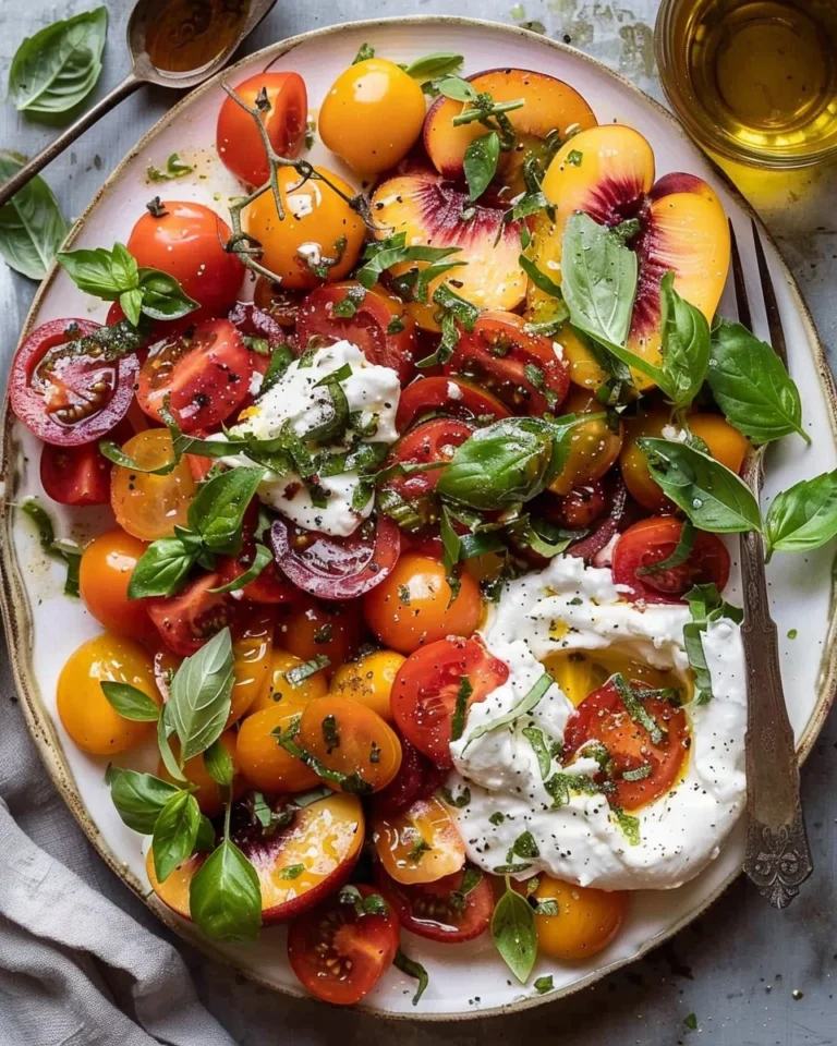 Tomato Peach Burrata Salad with fresh ingredients on a plate