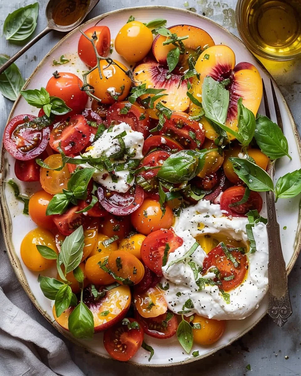 Tomato Peach Burrata Salad with fresh ingredients on a plate
