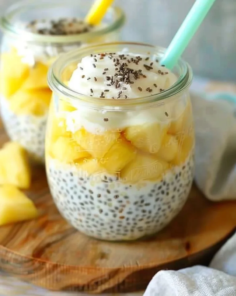 Tropical Pina Colada Chia Pudding served in a coconut bowl with garnishes