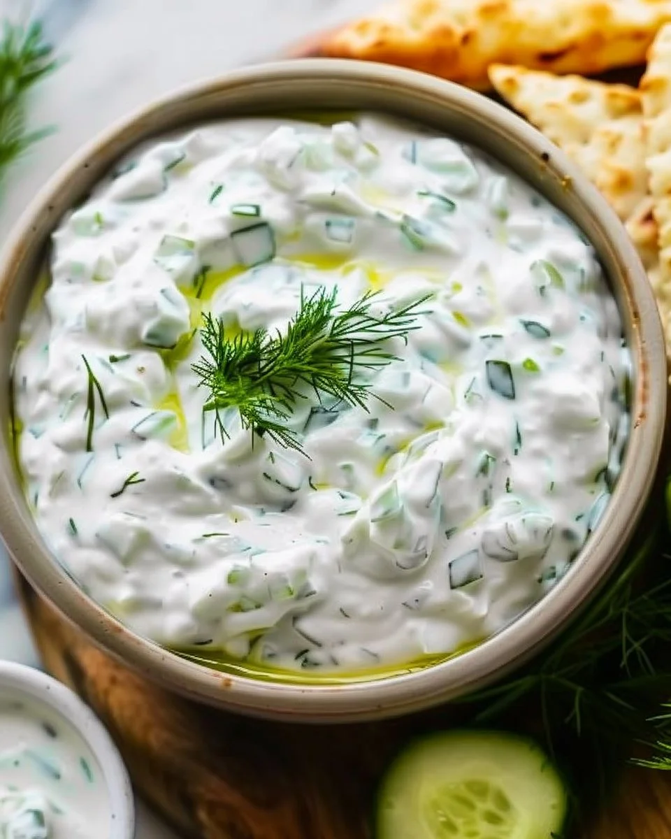 Homemade tzatziki sauce in a bowl with fresh herbs and cucumbers
