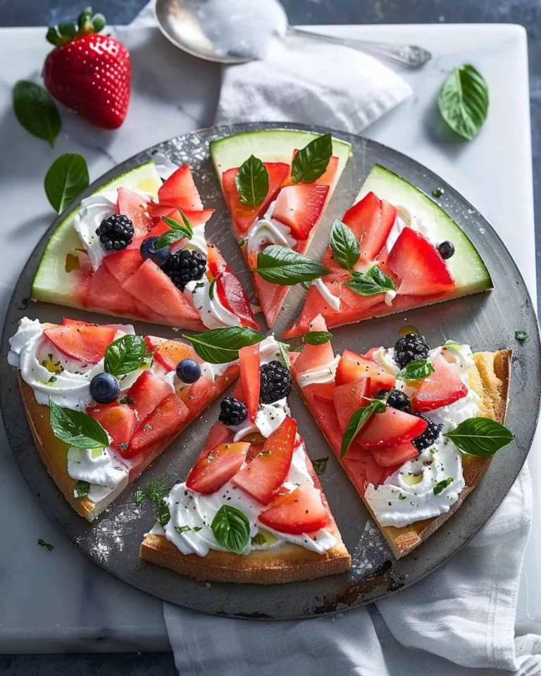 Delicious watermelon pizza topped with fruit and mint for a refreshing summer treat.