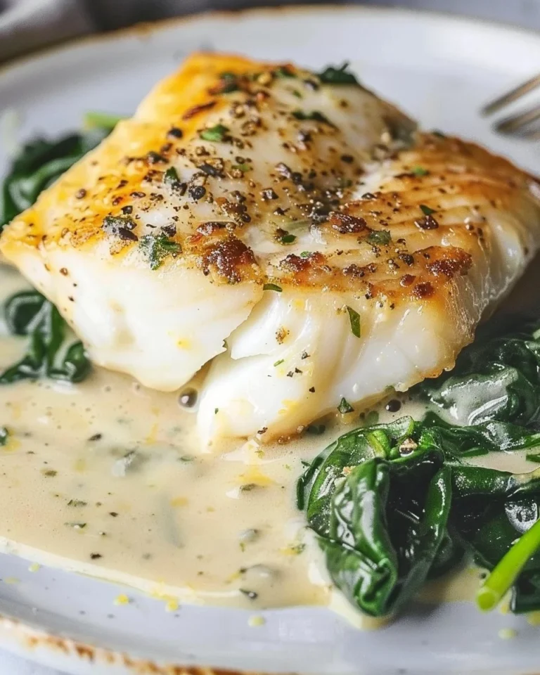 Chilean Sea Bass served with garlic cream spinach and lemon Parmesan cream sauce