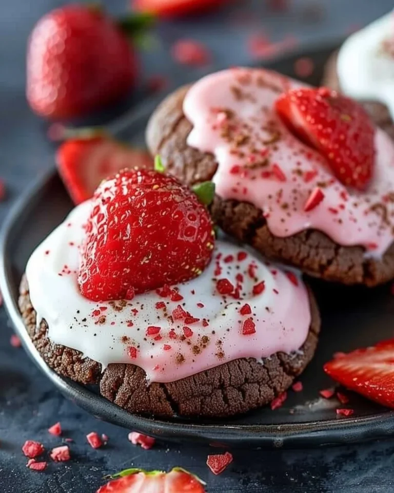 Chocolate dipped strawberry cookies on a rustic wooden table