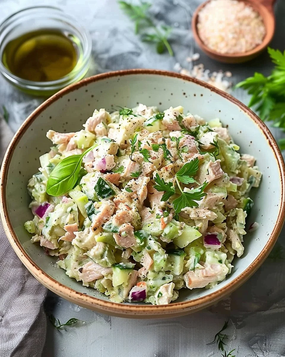 Cottage Cheese Tuna Salad served in a bowl with vegetables