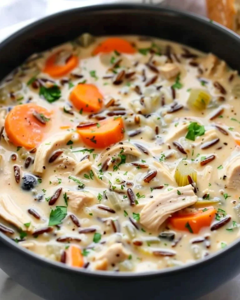 Creamy slow cooker chicken wild rice soup in a bowl