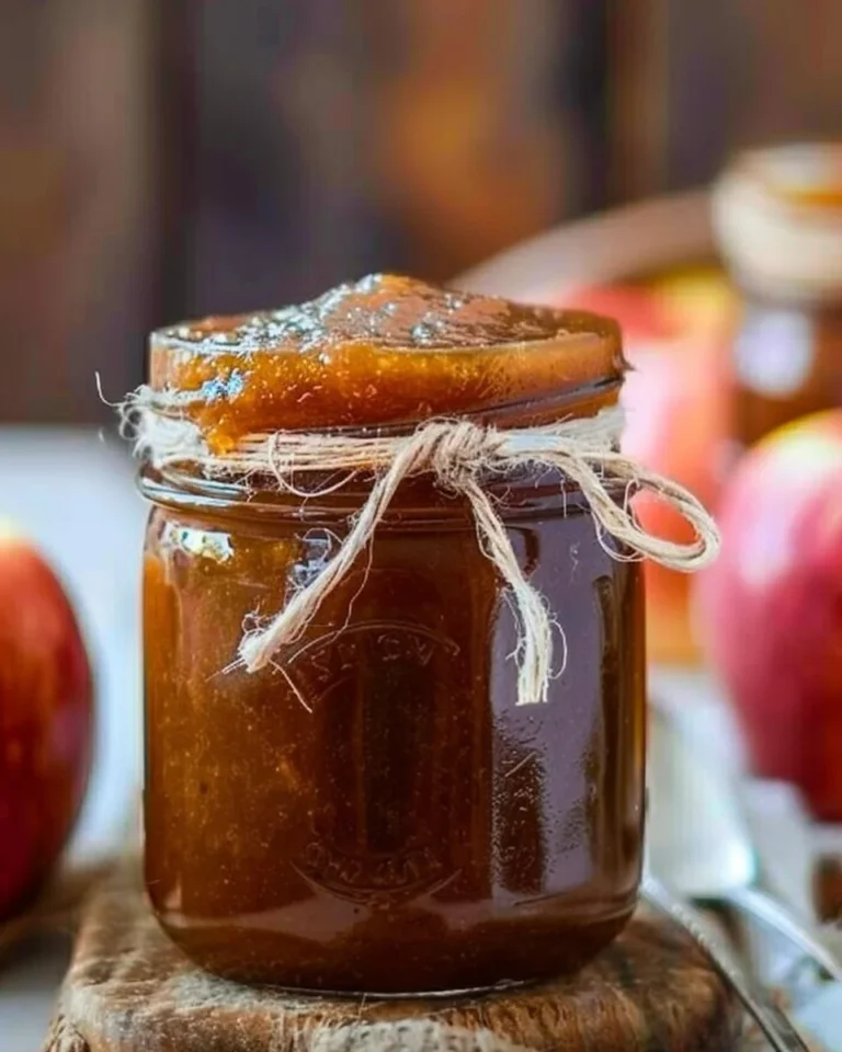 Delicious homemade Crockpot apple butter in a jar, perfect for gifting.