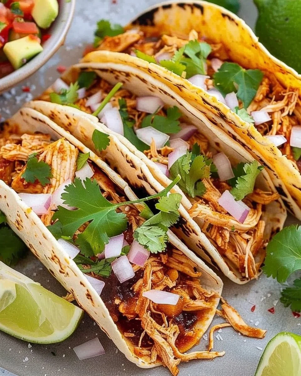 Delicious crockpot chicken tacos served with fresh toppings and cilantro.