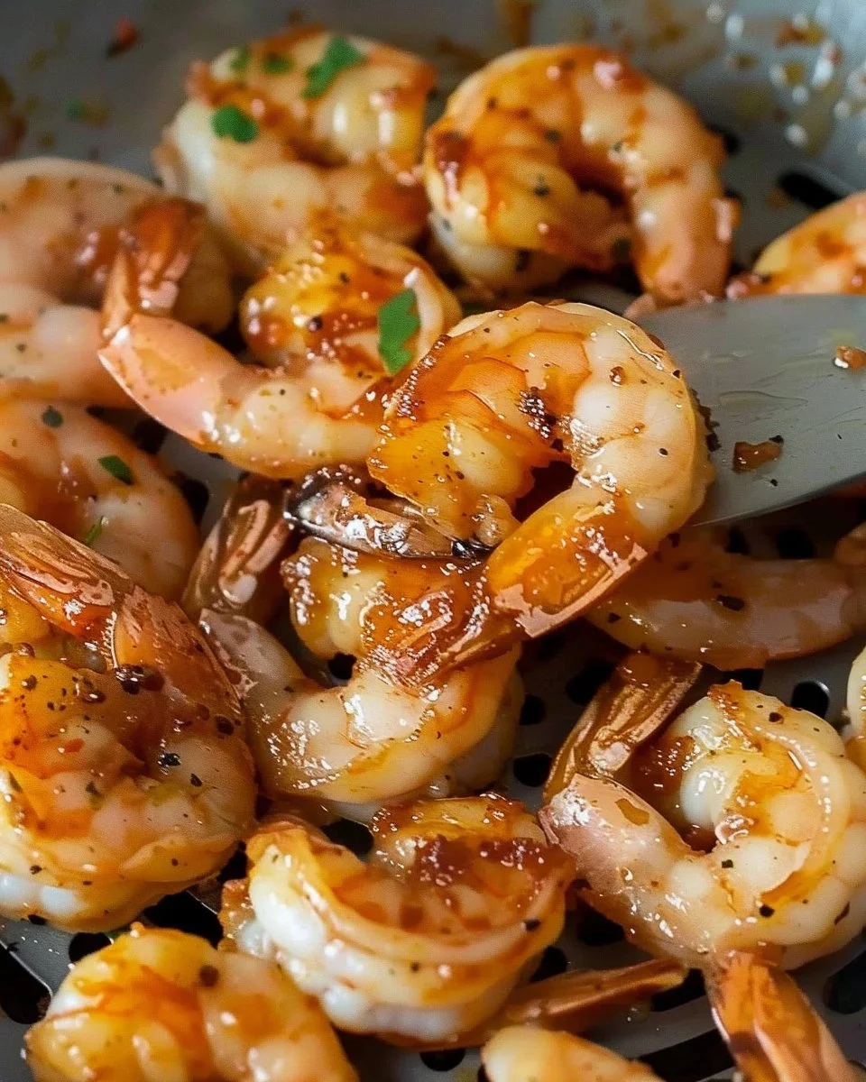 Delicious air fryer shrimp served on a plate with lemon and herbs