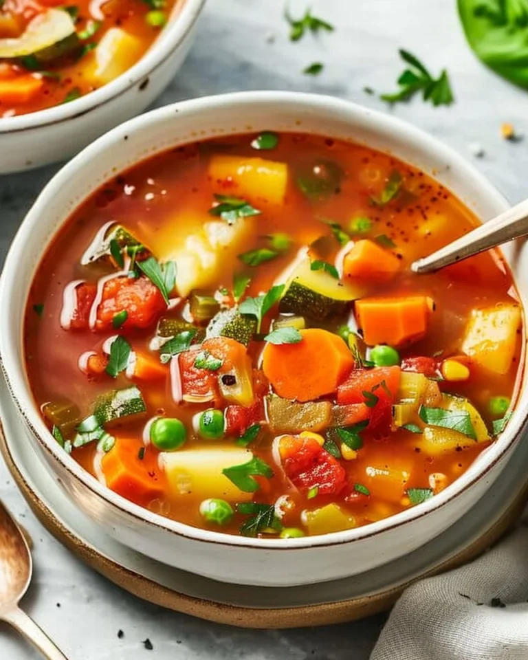 Bowl of easy vegetable soup with colorful veggies and herbs
