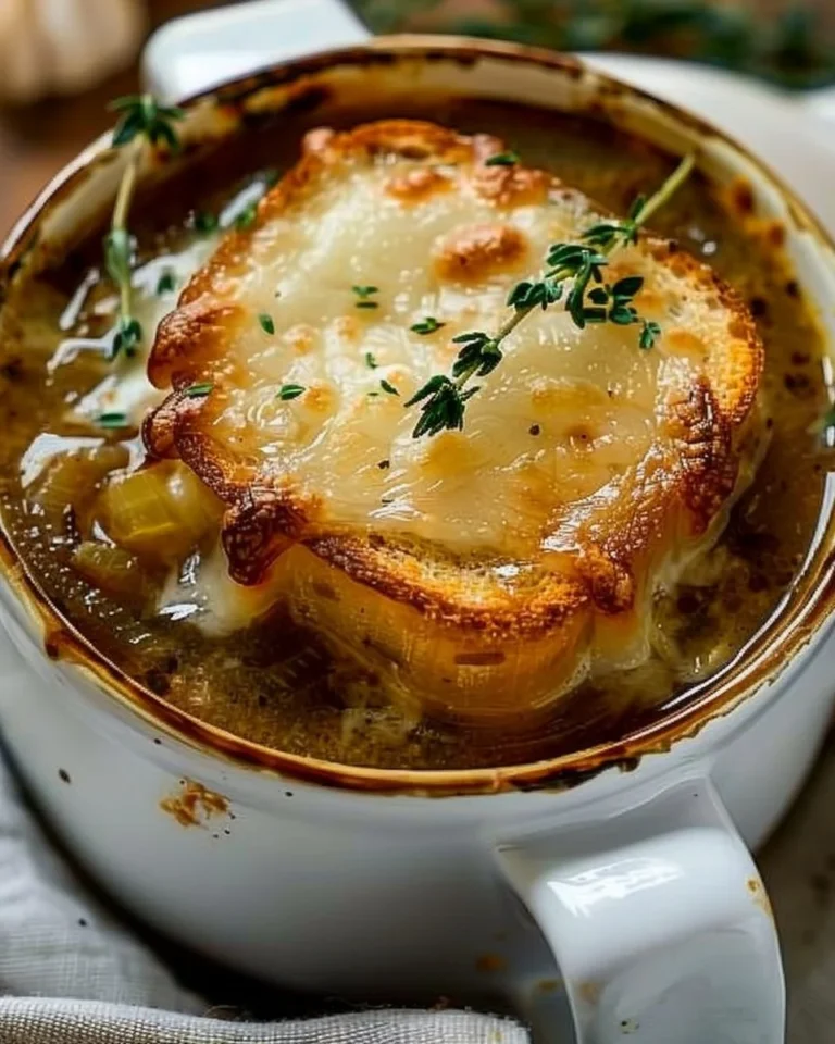 Bowl of delicious, homemade French Onion Soup with melted cheese and toasted bread