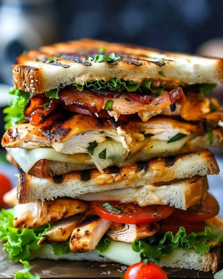 Grilled chicken club sandwich served with fresh ingredients and flavorful toppings.