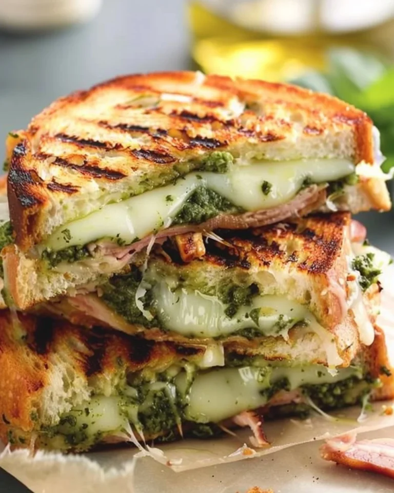 Grilled turkey pesto sandwich with fontina cheese on a wooden cutting board